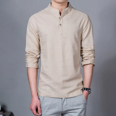 Men's Clothing Men Spring Tops & Tees Male Fashion T-Shirts Stand Collar Long-sleeved Slim Base Shirt Homme Linen t-shirt - Ellianto fashion Men's