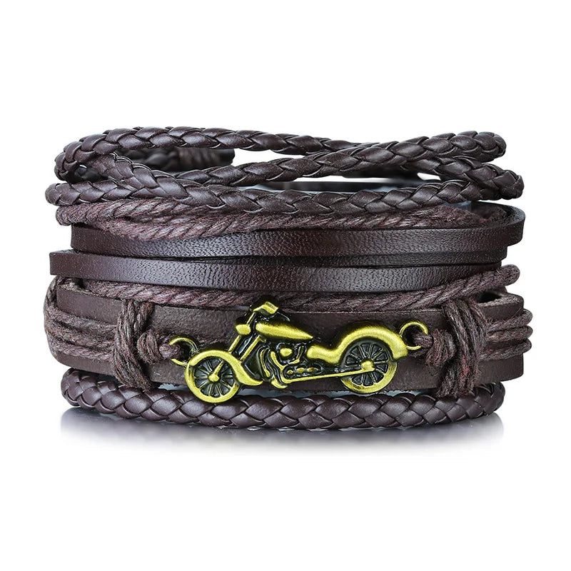 HER KING BROWN LEATHER SURF BRACELET FOR MEN WOMEN LAYERING STACK BOHO WRAP WRISTBAND 4PCS/SET - Ellianto fashion Men's