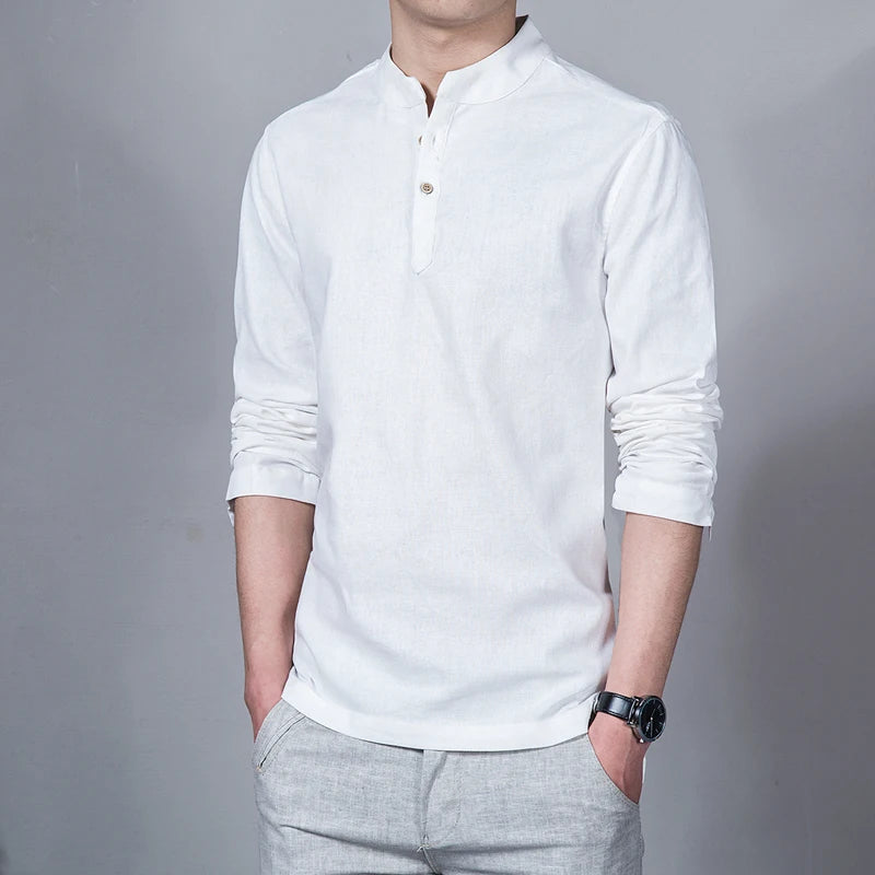 Men's Clothing Men Spring Tops & Tees Male Fashion T-Shirts Stand Collar Long-sleeved Slim Base Shirt Homme Linen t-shirt - Ellianto fashion Men's