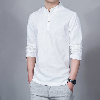 Men's Clothing Men Spring Tops & Tees Male Fashion T-Shirts Stand Collar Long-sleeved Slim Base Shirt Homme Linen t-shirt - Ellianto fashion Men's