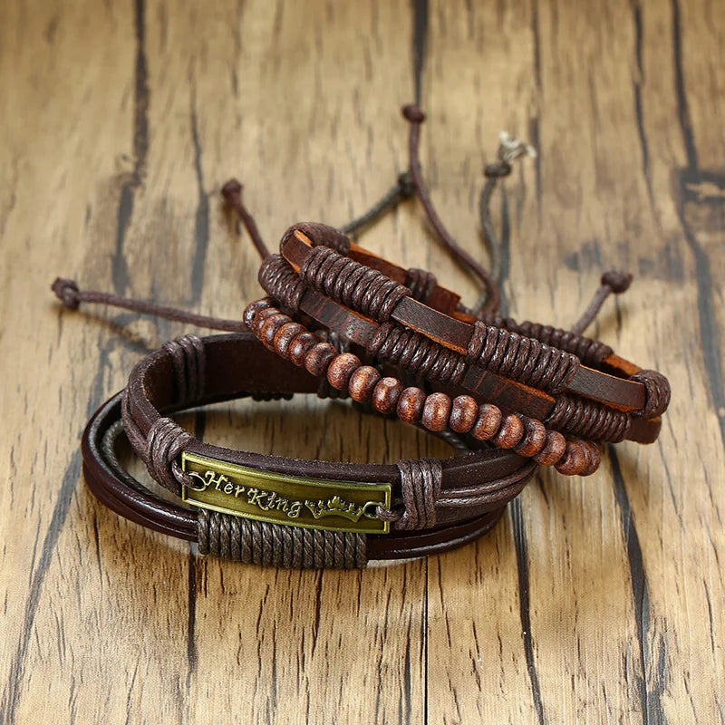 HER KING BROWN LEATHER SURF BRACELET FOR MEN WOMEN LAYERING STACK BOHO WRAP WRISTBAND 4PCS/SET - Ellianto fashion Men's