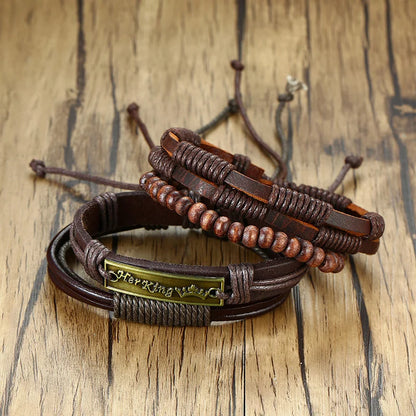 HER KING BROWN LEATHER SURF BRACELET FOR MEN WOMEN LAYERING STACK BOHO WRAP WRISTBAND 4PCS/SET - Ellianto fashion Men's