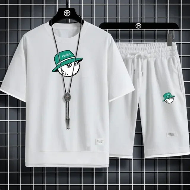 Set 2025 New men's summer Korean brand casual T-shirt + jogging Shorts 2-piece fitness slow running quick-drying breathable sportswe - Ellianto fashion Men's