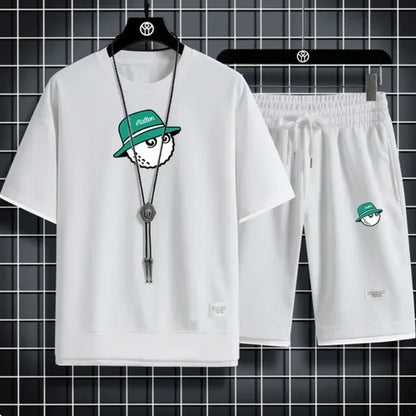 Set 2025 New men's summer Korean brand casual T-shirt + jogging Shorts 2-piece fitness slow running quick-drying breathable sportswe - Ellianto fashion Men's