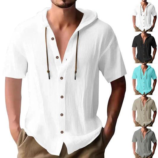 Cross-border men's solid color casual short-sleeved shirt with hooded drawstring cotton hemp cardigan with loose T-shirt - Ellianto fashion Men's