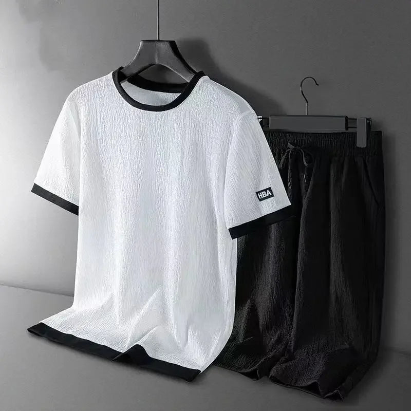 Ice Silk Men's Casual Sportswear Loose plus Size Summer Fashionable Short Sleeve Seven-Piece Pants Two-Piece Set - Ellianto fashion Men's