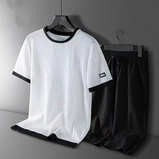 Ice Silk Men's Casual Sportswear Loose plus Size Summer Fashionable Short Sleeve Seven-Piece Pants Two-Piece Set - Ellianto fashion Men's