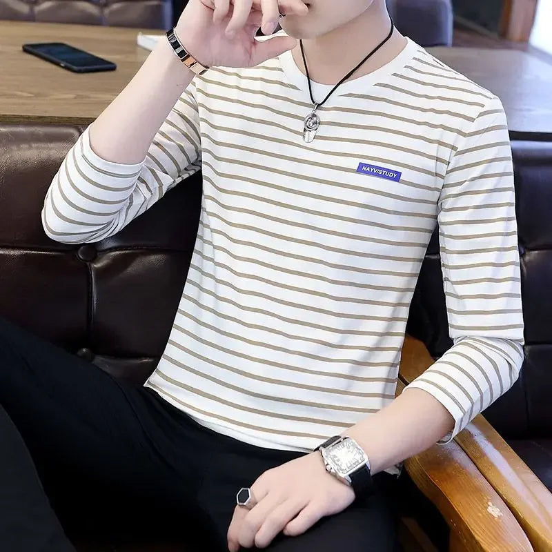 T Shirts for Men Stripe Tops Red Cotton Male Clothes Round Neck Harajuku Fashion Sale High Brand Regular Fit It Full Sleeve Tee - Ellianto fashion Men's