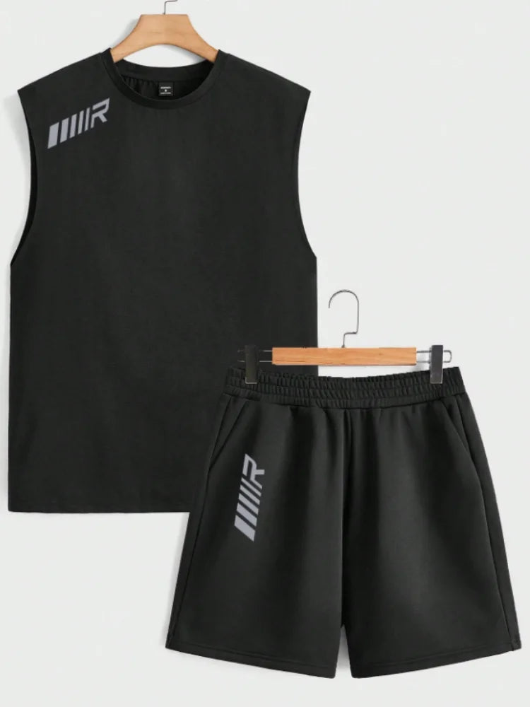 Fashion Summer Set 2 Pieces Men's New Clothing Tracksuit Sports Style Logo Set Outfits Men Sleeveless Tank Top And Shorts Suits - Ellianto fashion Men's