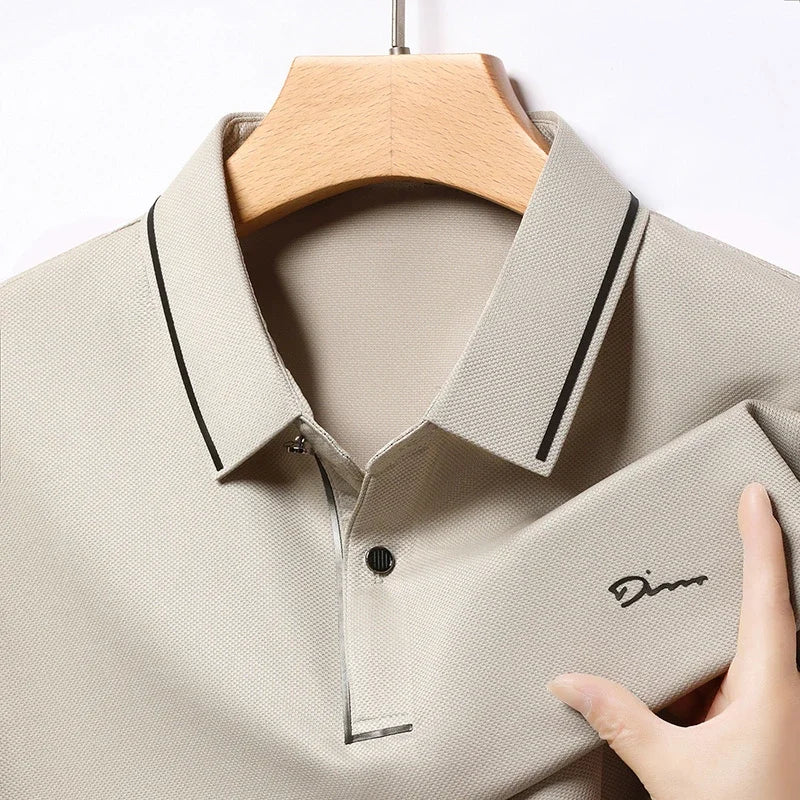 New Men's Business Casual Long Sleeved Shirt with Badge Solid Color Polo Shirt Fashionable Breathable Comfortable Versatile Top - Ellianto fashion Men's