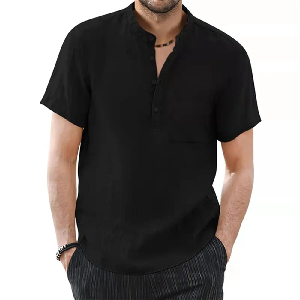 Men's Short Sleeve T-shirt Cotton and Linen Casual Men T-shirts Solid Color Summer Shirt Male Cozy Breathable - Ellianto fashion Men's