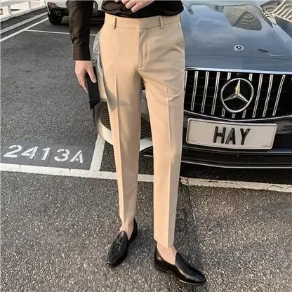 2025 Tressed Male Suit Trousers White Slim Fit Men's Summer Pants Straight 2024 Luxury Formal Work Wear New In Fabric Elegant Luxury - Ellianto fashion Men's