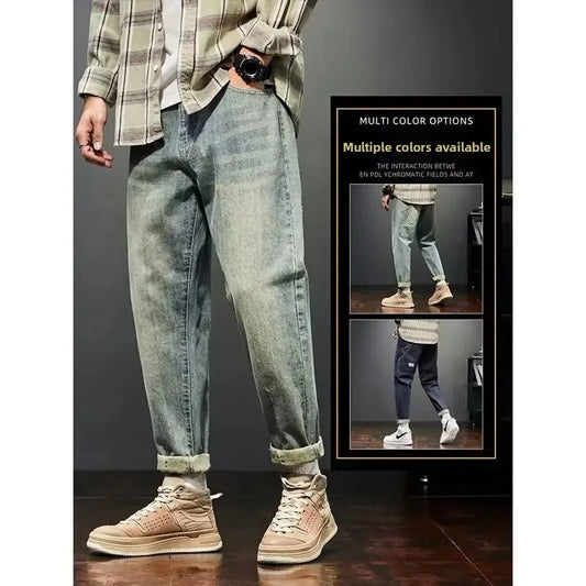 Casual Straight Leg Workwear Jeans Men's Handsome Trendy Brand Spring Autumn New Style Nine Points Casual Pants for Boys - Ellianto fashion Men's