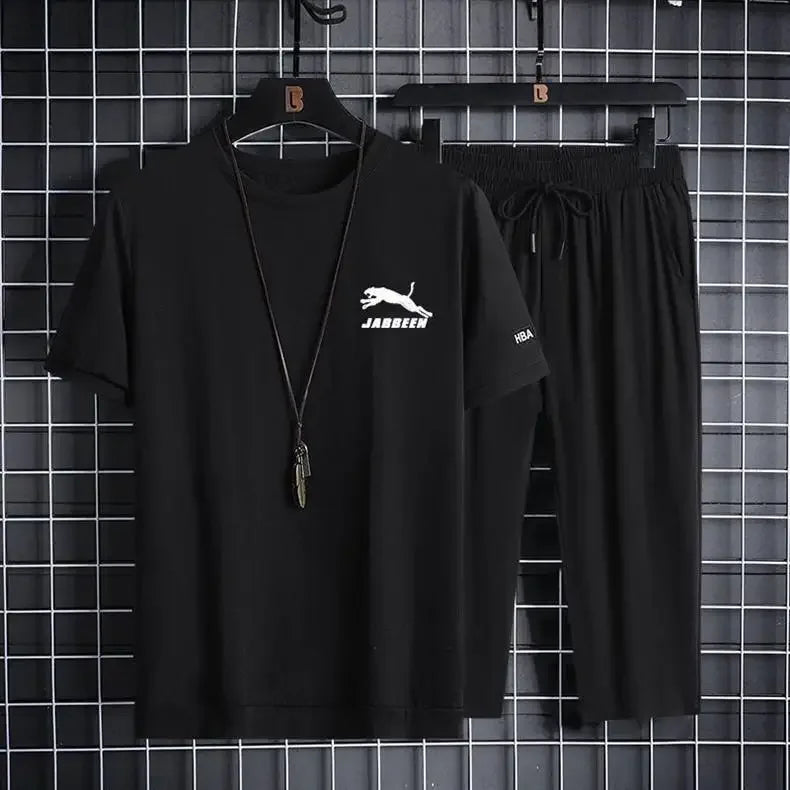 Ice Silk Men's Summer Loose Large Size Casual Sports Set Short Sleeve Seven Pants Two Piece Set Comfortable Breathable Clothing - Ellianto fashion Men's