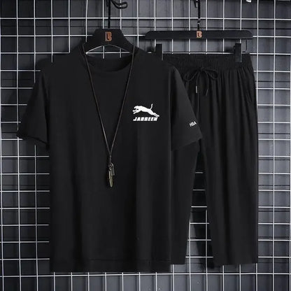 Ice Silk Men's Summer Loose Large Size Casual Sports Set Short Sleeve Seven Pants Two Piece Set Comfortable Breathable Clothing - Ellianto fashion Men's