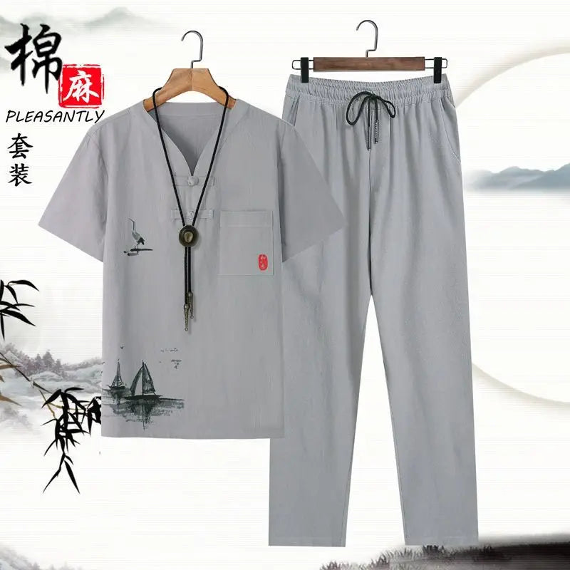 Summer Men Short-sleeved T-shirt Casual Cotton and Linen Solid Color Versatile Loose Trousers - Ellianto fashion Men's