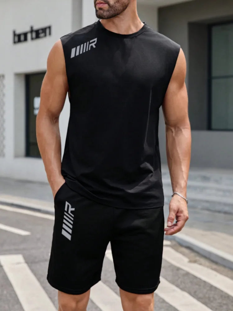 Fashion Summer Set 2 Pieces Men's New Clothing Tracksuit Sports Style Logo Set Outfits Men Sleeveless Tank Top And Shorts Suits - Ellianto fashion Men's