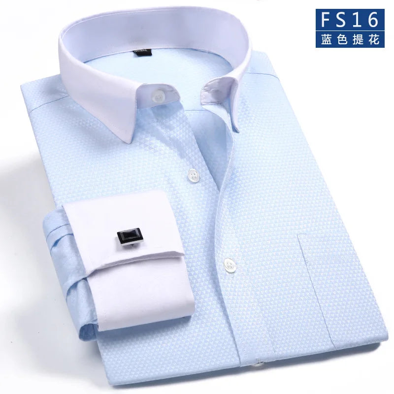 M~6XL Men's French Cuff Dress Shirt White Long Sleeve Social Male Shirts Regular Fit Party Dinner Wedding Cufflinks Formal Shirt - Ellianto fashion Men's