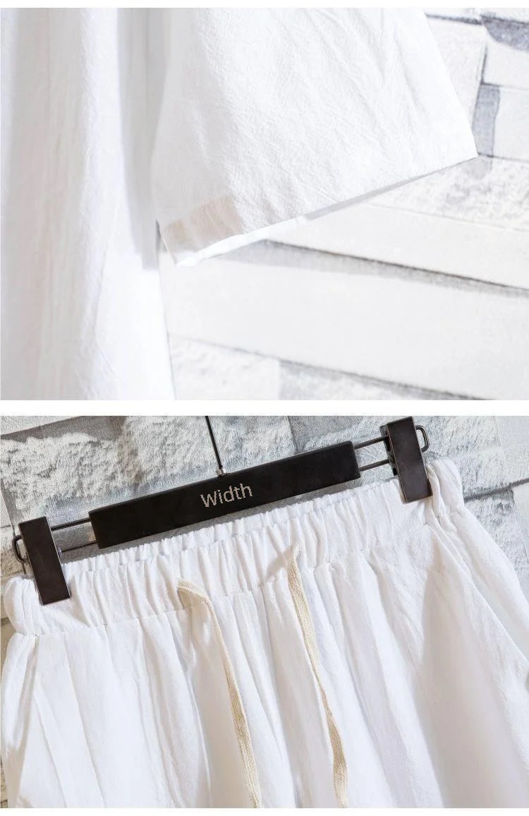 Linen Suit Men's Summer Short Sleeve Hanfu Ancient Buddhist System Zhenshi V-neck T-shirt Cotton Linen 2-piece Set - Ellianto fashion Men's