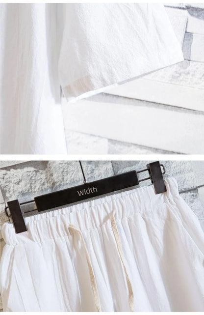 Linen Suit Men's Summer Short Sleeve Hanfu Ancient Buddhist System Zhenshi V-neck T-shirt Cotton Linen 2-piece Set - Ellianto fashion Men's