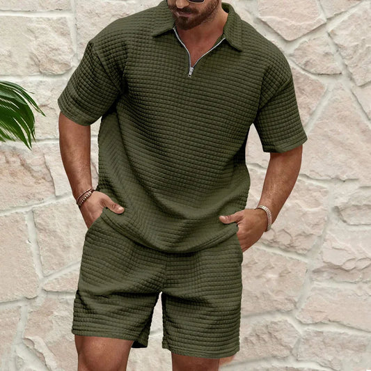 2025 European and American Men's Spring and Summer Trends Youth Outdoor Lapel Small Plaid Short Sleeve Shorts Sports Suit - Ellianto fashion Men's