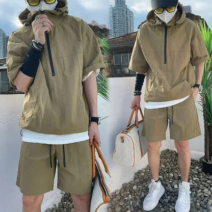 Summer Cargo Style Set Men's Casual Hooded Solid Short Sleeve T-shirt Shorts Loose Fashion High Quality Handsome Sweatshirt Suit - Ellianto fashion Men's