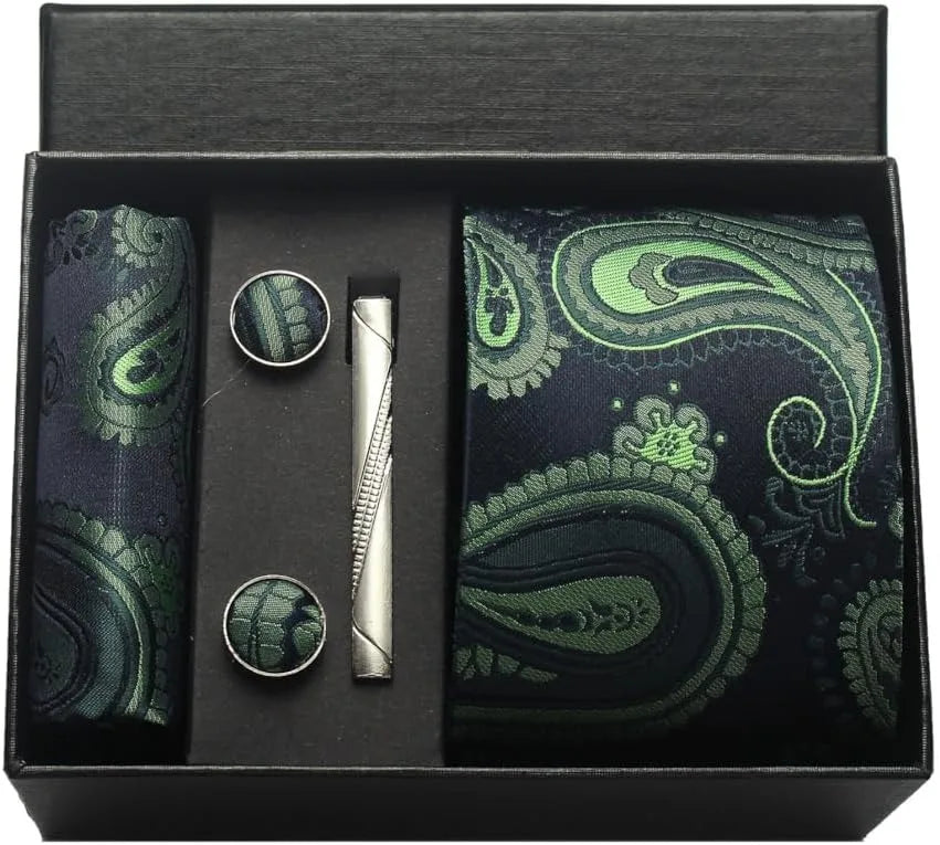 100% Silk Necktie Paisley Floral Mens Tie Top Quality Business Tie Pocket Square Tie Clip Cufflinks Set Classic For Men Gift Box - Ellianto fashion Men's