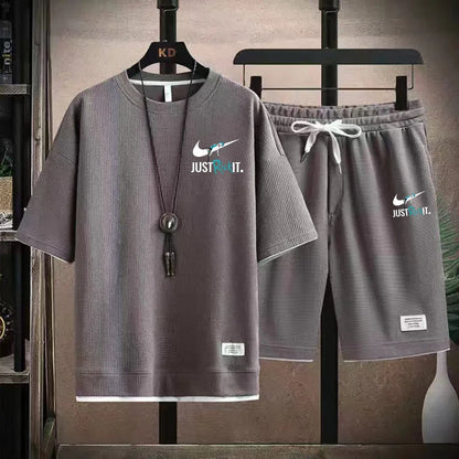 Set 2025 New European and American men's Summer casual cotton and linen short-sleeved shirt + jogging sports shorts 2-piece set - Ellianto fashion Men's