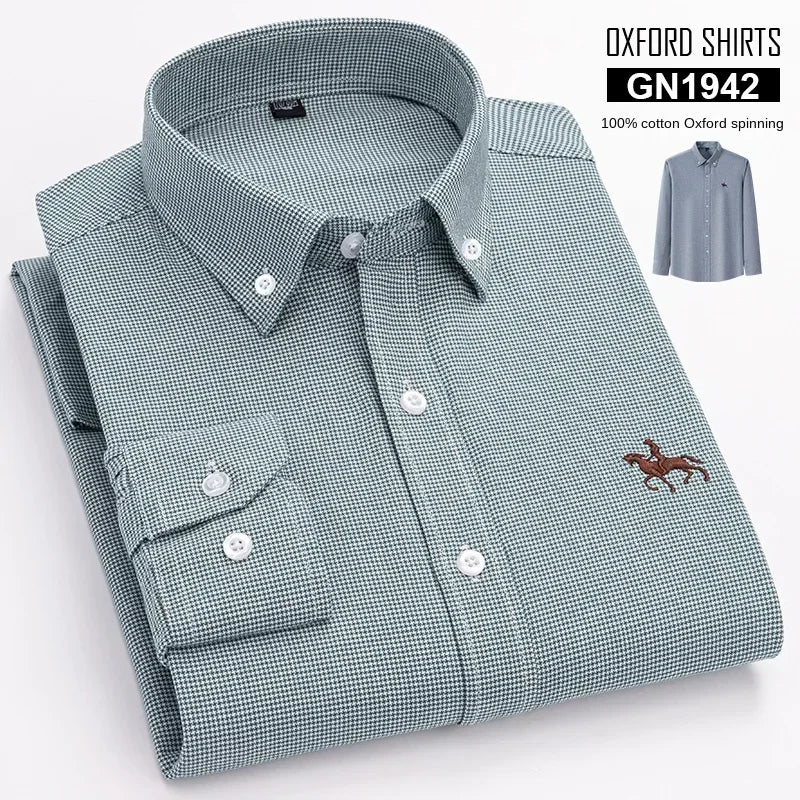 Casual Pure Cotton Oxford Mens Shirts Long Sleeve Embroidery Horse Design Regular Fit Fashion Button Man White Dress Shirt - Ellianto fashion Men's