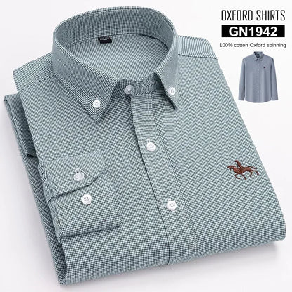 Casual Pure Cotton Oxford Mens Shirts Long Sleeve Embroidery Horse Design Regular Fit Fashion Button Man White Dress Shirt - Ellianto fashion Men's