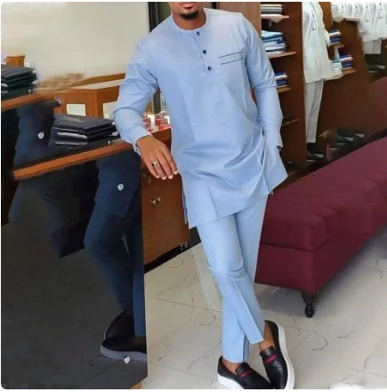 Wedding Suit For Men White Embroidered Pocket Top Pants Ensemble Homme African Traditional Casual Wear 2Pcs Sets Kaftan Outfits - Ellianto fashion Men's