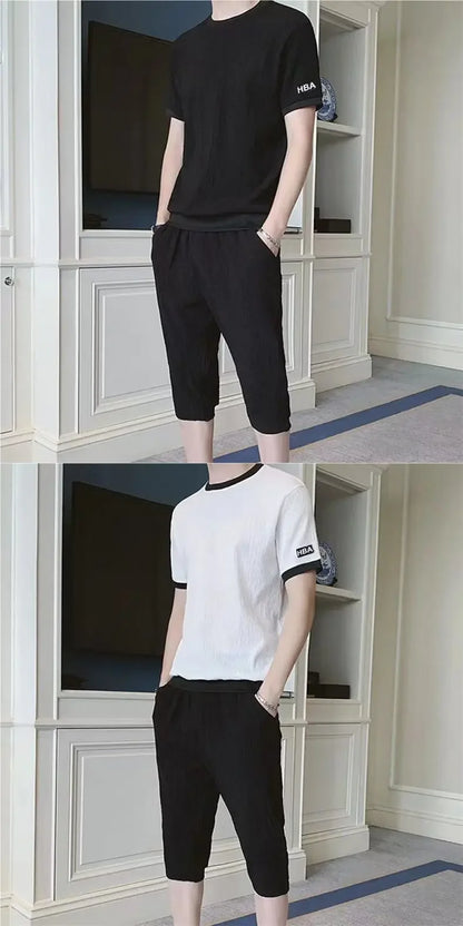 Ice Silk Men's Casual Sportswear Loose plus Size Summer Fashionable Short Sleeve Seven-Piece Pants Two-Piece Set - Ellianto fashion Men's