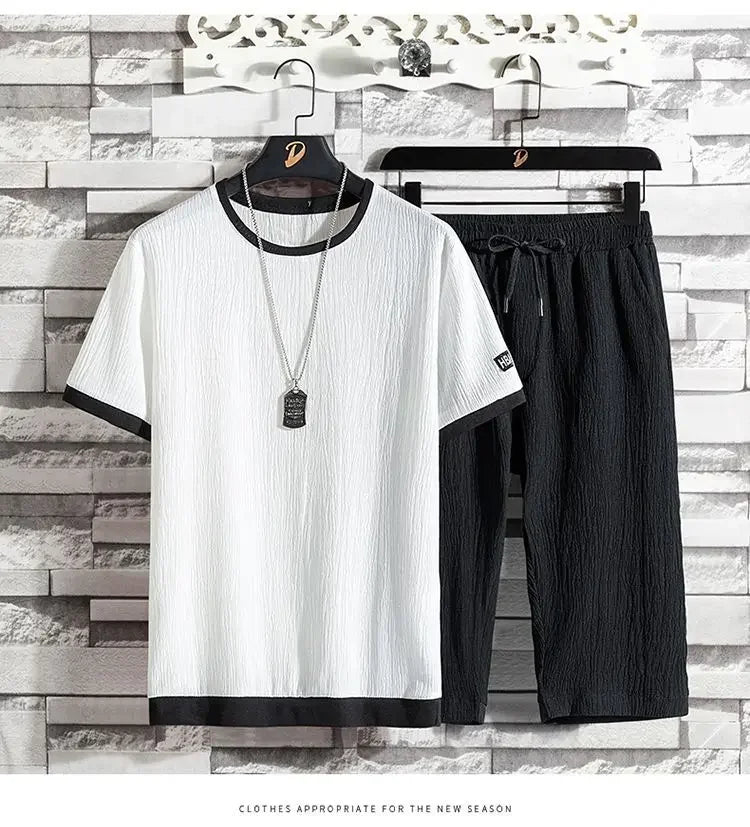 Ice Silk Summer Casual Sports Suit Men's Short Sleeve T-Shirt Shorts Set Fashionable Two-Piece Set for Men Comfortable Breathabl - Ellianto fashion Men's