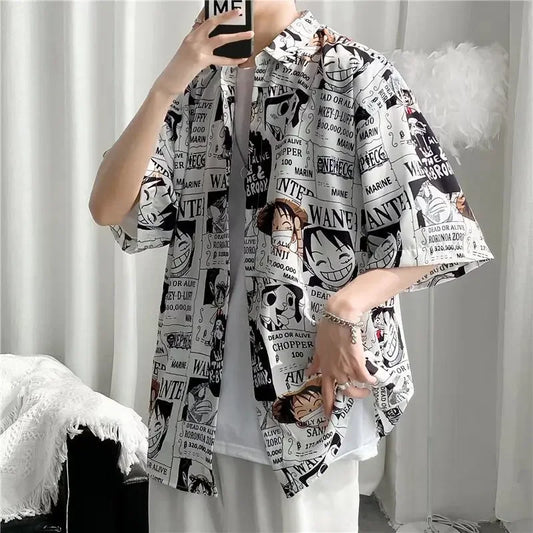Retro Japanese Cartoon Short-Sleeve Shirt – Lightweight, Cool Comfort with Hong Kong-Inspired Streetwear Style for the Modern Gentleman