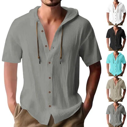 Cross-border men's solid color casual short-sleeved shirt with hooded drawstring cotton hemp cardigan with loose T-shirt - Ellianto fashion Men's