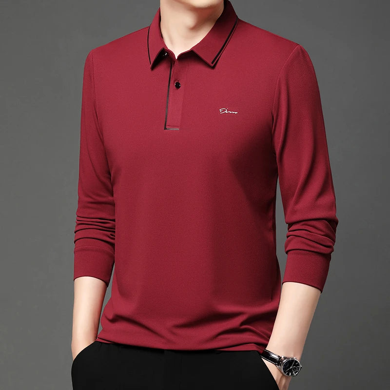 New Men's Business Casual Long Sleeved Shirt with Badge Solid Color Polo Shirt Fashionable Breathable Comfortable Versatile Top - Ellianto fashion Men's
