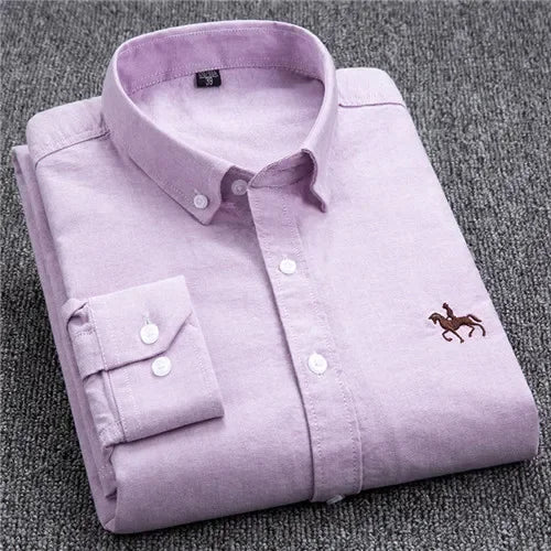 Casual Pure Cotton Oxford Mens Shirts Long Sleeve Embroidery Horse Design Regular Fit Fashion Button Man White Dress Shirt - Ellianto fashion Men's