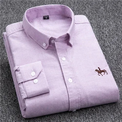 Casual Pure Cotton Oxford Mens Shirts Long Sleeve Embroidery Horse Design Regular Fit Fashion Button Man White Dress Shirt - Ellianto fashion Men's