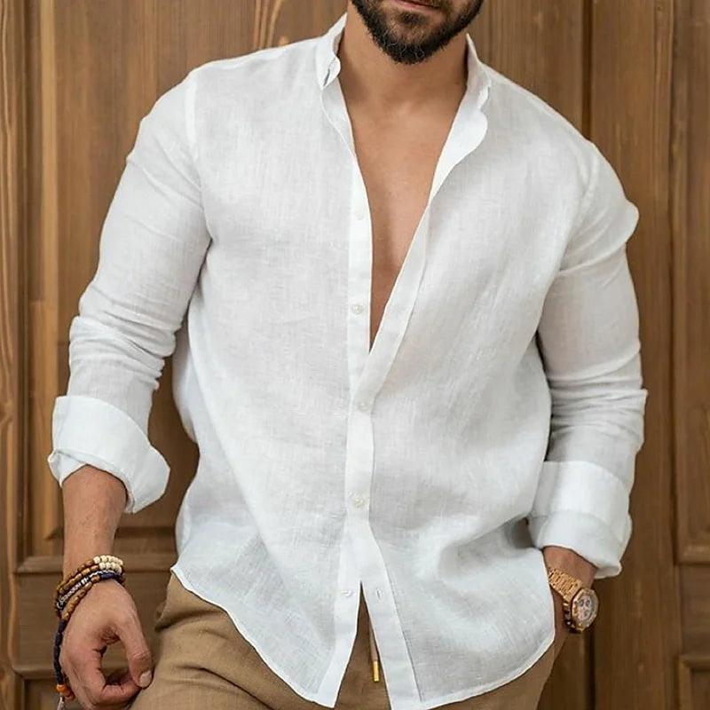 Men's Linen Shirt Summer Shirt Beachwear Button Casual Shirt Black White Pink Long Sleeve Solid Color Lapel Spring Summer 6XL - Ellianto fashion Men's