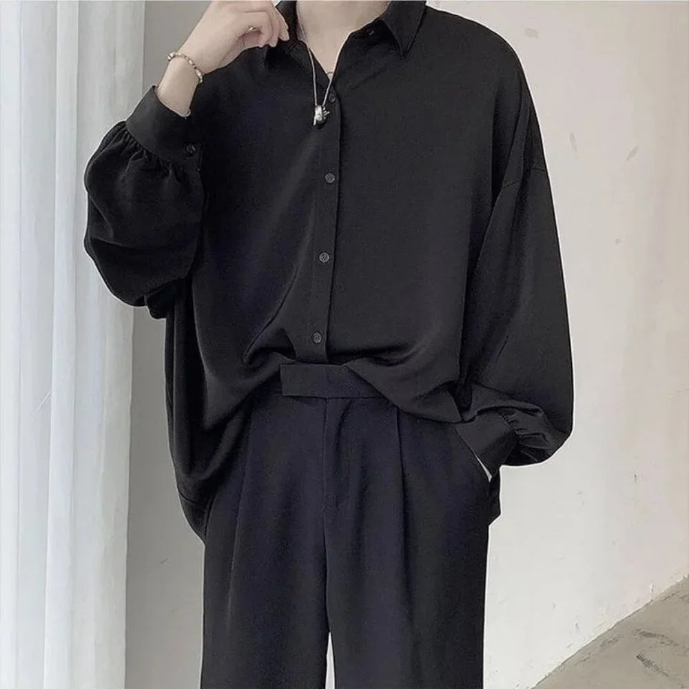 Korean Style Men's Long-sleeved Shirts Black Tie Cozy Casual Solid Oversize Blouses Breathable Loose Shirt Harajuku Male Clothes - Ellianto fashion Men's