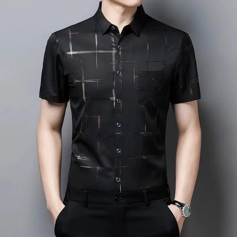 Summer Men Fashion Short Sleeve Shirt Ice Silk No Ironing Urban Casual Style Loose Fit Middle-aged Elderly