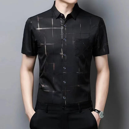 Summer Men Fashion Short Sleeve Shirt Ice Silk No Ironing Urban Casual Style Loose Fit Middle-aged Elderly
