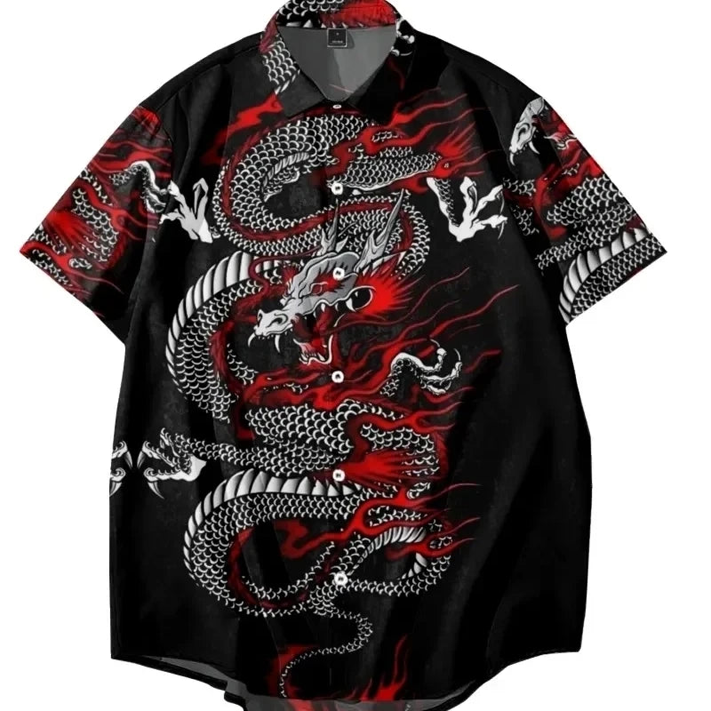 New Year Dragon Hawaiian Casual Men's Short Sleeve Shirt Y2k Vintage Top Breathable Camisas Casuais Blouse Man Clothing Society - Ellianto fashion Men's