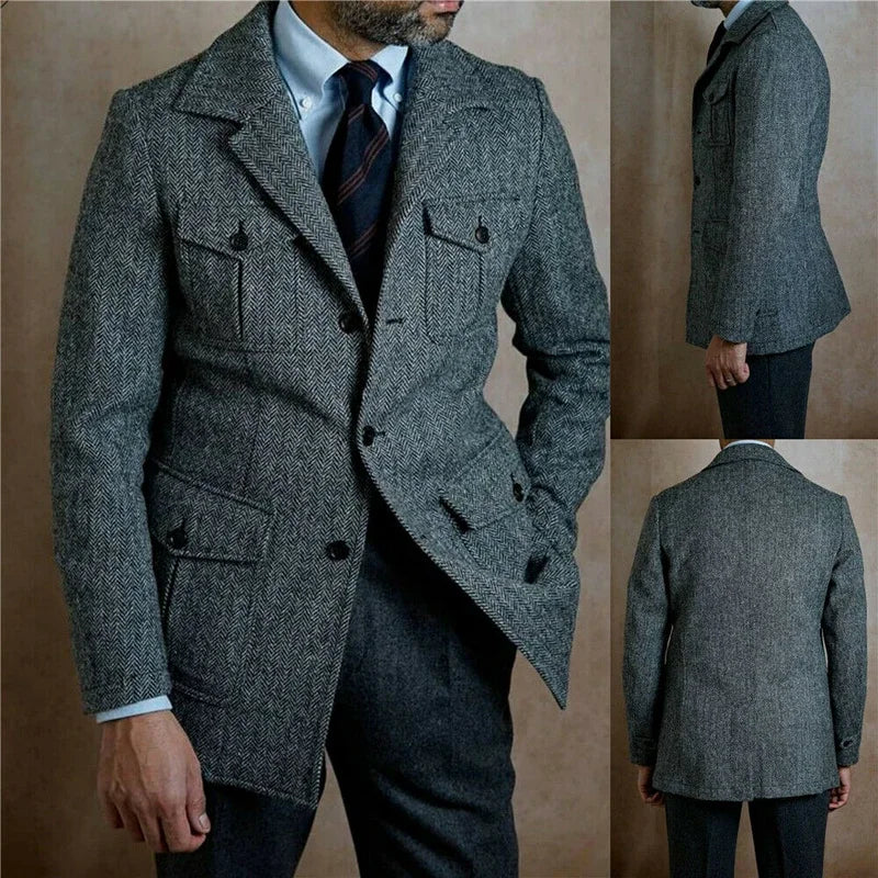 Vintage Business Men Suits Slim Fit Tweed Herringbone Tuxedo Groom Suits For Men Wedding Notch Lapel Jacket Male Blazer - Ellianto fashion Men's