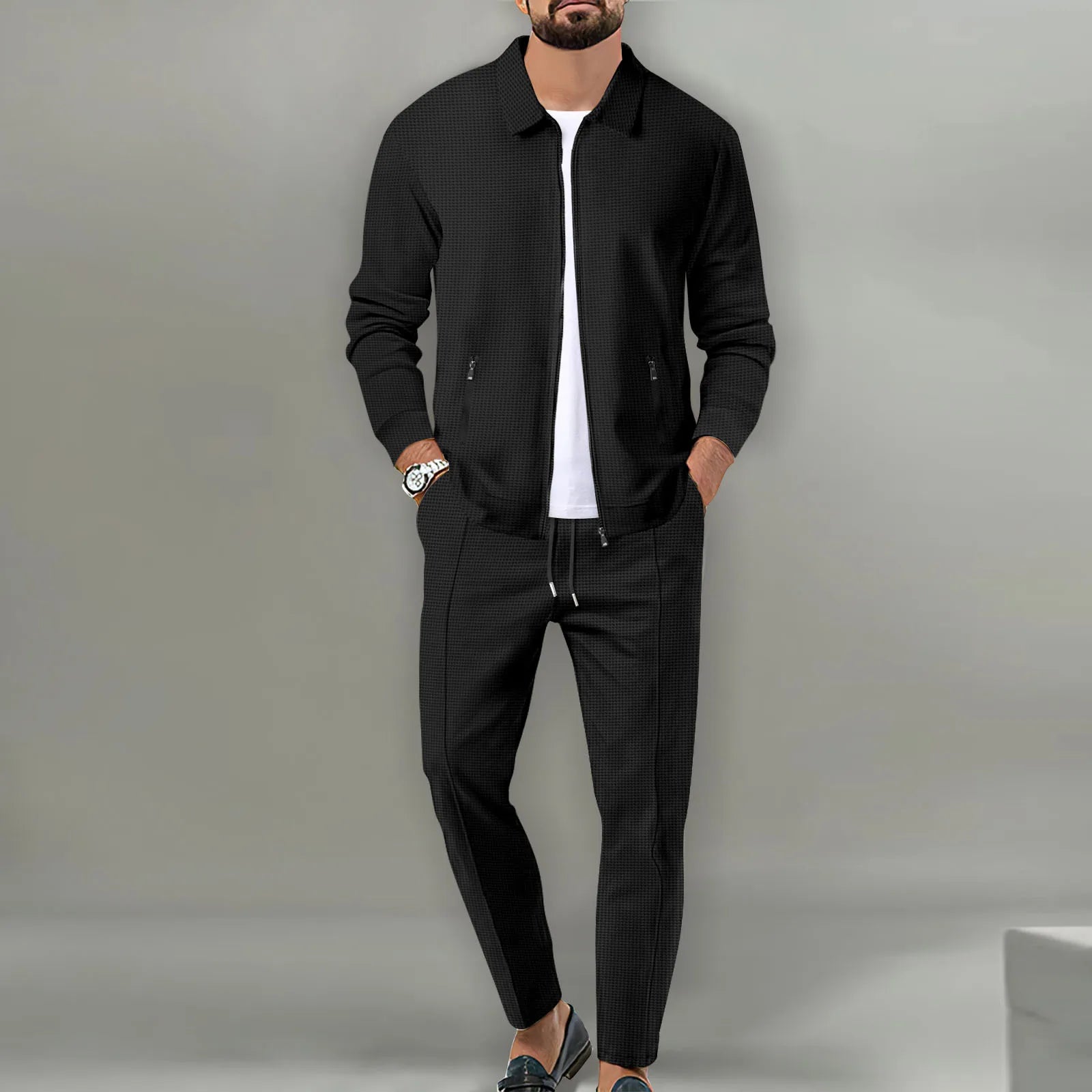 Set Autumnwinter men's casual blazer set new fashion Waffle baseball suit round neck pocket zipper long sleeve trousers two-piece se - Ellianto fashion Men's