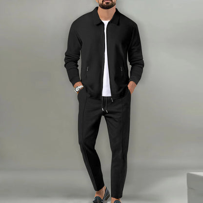 Set Autumnwinter men's casual blazer set new fashion Waffle baseball suit round neck pocket zipper long sleeve trousers two-piece se - Ellianto fashion Men's