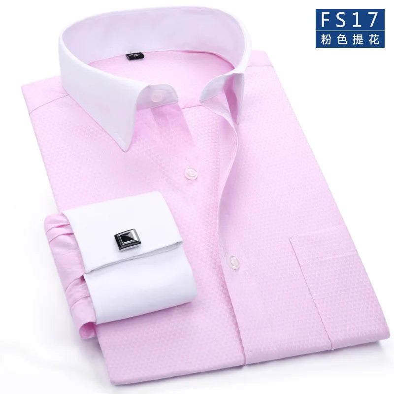M~6XL Men's French Cuff Dress Shirt White Long Sleeve Social Male Shirts Regular Fit Party Dinner Wedding Cufflinks Formal Shirt - Ellianto fashion Men's