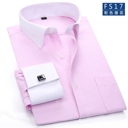 M~6XL Men's French Cuff Dress Shirt White Long Sleeve Social Male Shirts Regular Fit Party Dinner Wedding Cufflinks Formal Shirt - Ellianto fashion Men's