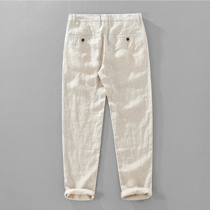 2025 Summer New Casual Pure Linen Slim Pants for Men Clothing Solid Color Slim-fit Straight Trousers EC8175 - Ellianto fashion Men's