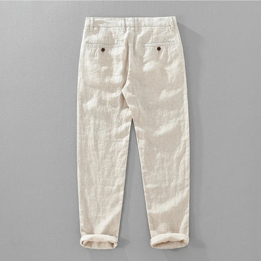 2025 Summer New Casual Pure Linen Slim Pants for Men Clothing Solid Color Slim-fit Straight Trousers EC8175 - Ellianto fashion Men's